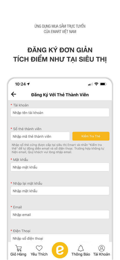Emartmall VN - Écran d'inscription de l'application mobile Emartmall VN pour les détenteurs de cartes de membre.