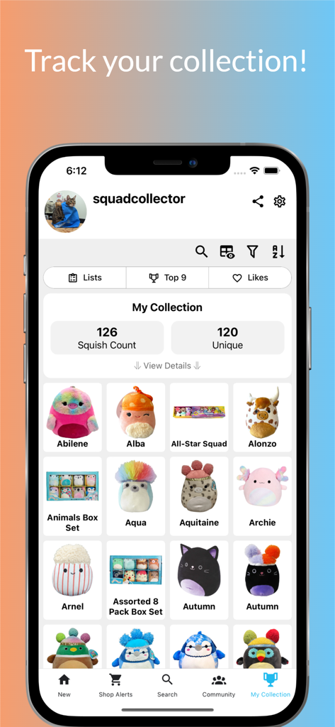 Screenshot of the SquadApp mobile interface showing a user's tracked Squishmallow collection with counts and a grid of plush toy icons