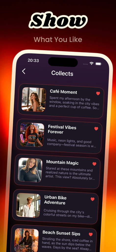 Olia app screen showing a list of saved photos with their unique AI generated social media captions