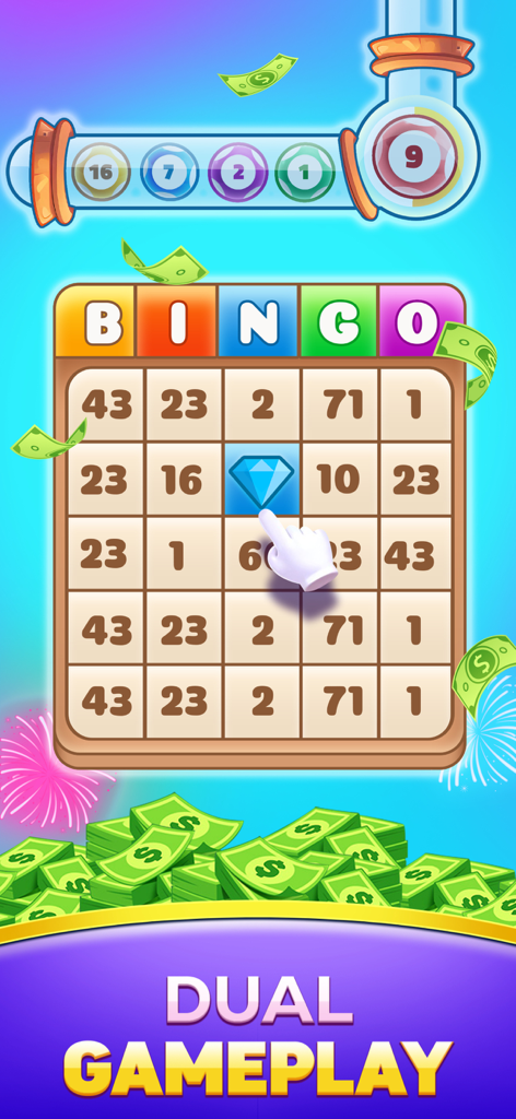 Bingo For Real Money, Win Cash - Interfaz de juego de bingo móvil con tarjeta numerada y recompensas en efectivo