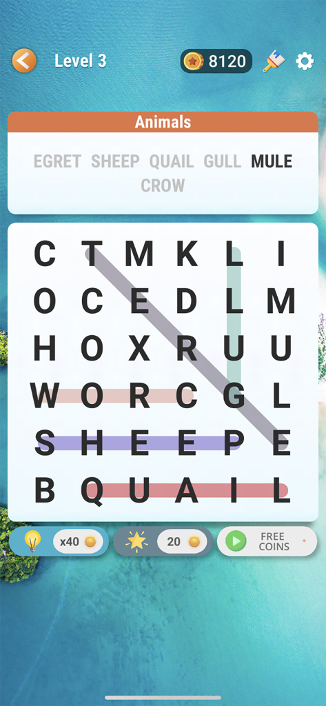 Word Search - Find Hidden Word - Pantalla de juego de la aplicación Sopa de Letras mostrando palabras de animales resaltadas en una cuadrícula de letras con un fondo de playa.
