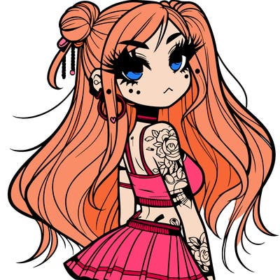 cool anime girl long hair half up in a bun has tattos and big eyelashes with some piercings not many wearing a short skirt and tank top