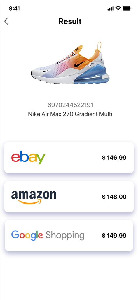 Barcode Scanner QR Code Reader - Barcode scanner app result page showing price comparison for Nike Air Max 270 shoes on eBay Amazon and Google Shopping