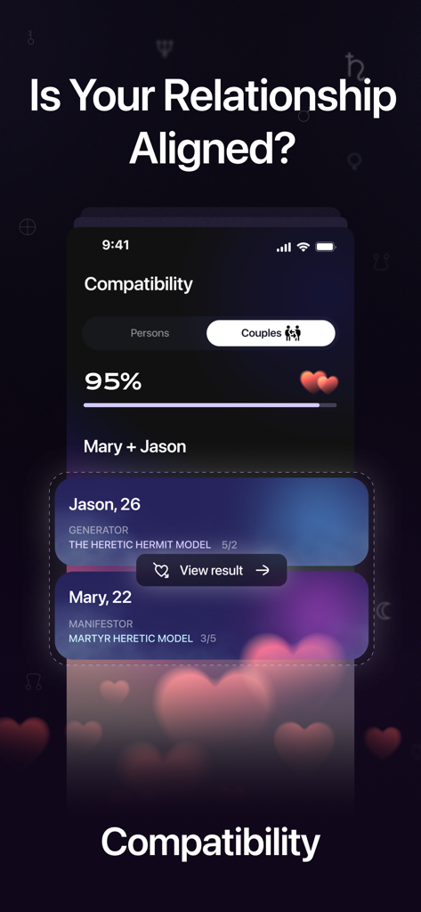 My Human Design App - SACRAL - Captura de pantalla de la App Sacral mostrando la compatibilidad de relación entre un Generador y un Manifestador