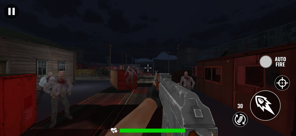 Survive: Zombie Shooting Games - First person shooter gameplay showing a rifle aimed at zombies in a dark post-apocalyptic setting