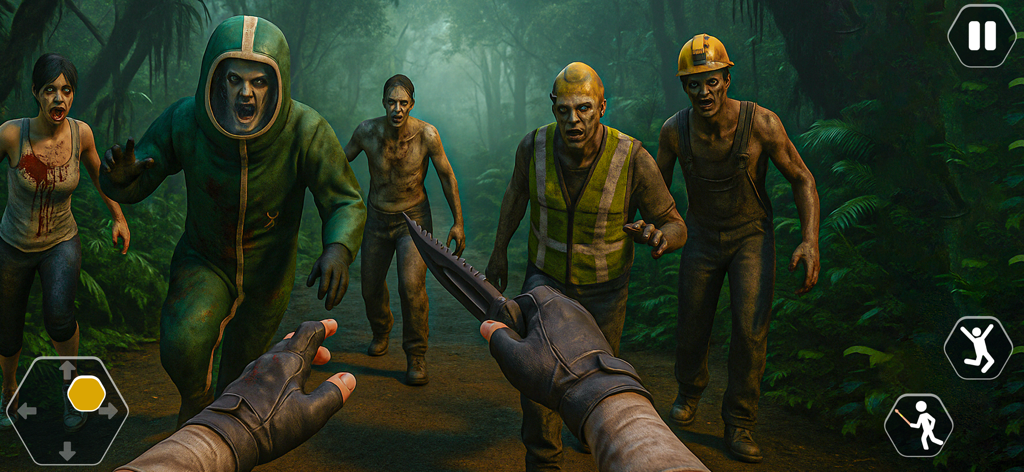 The Silent Stalker SpringNight - First-person view of a player holding a knife while facing several zombies in a dark jungle setting.