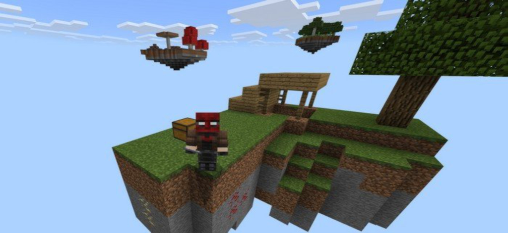 One Block - Maps for Minecraft - Personaggio di Minecraft in piedi su un'isola erbosa fluttuante in una mappa skyblock