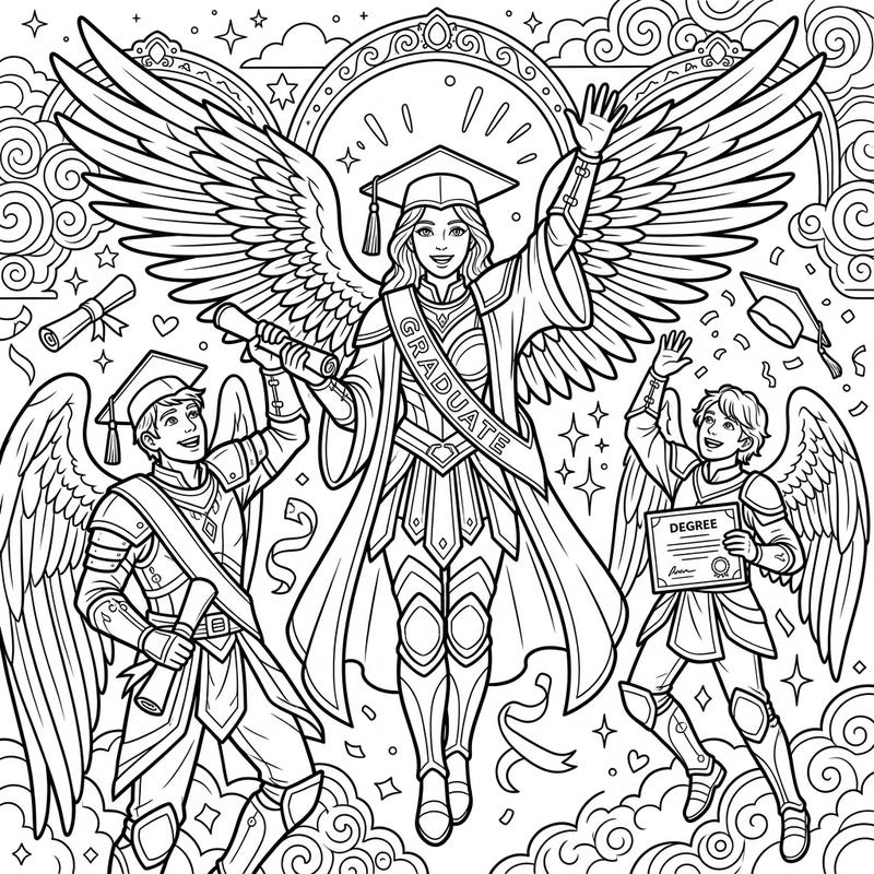 Celebrate academic triumphs with our unique Warrior Angels Graduation coloring page, where celestial beings don caps and gowns. This festive scene captures the joy of achievement, perfect for inspiring colorists of all ages.