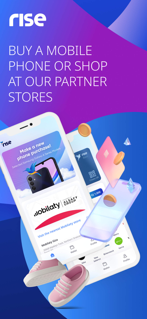 Rise Egypt - Rise Egypt mobile app interface displaying options to buy mobile phones and shop at partner stores using installment plans.