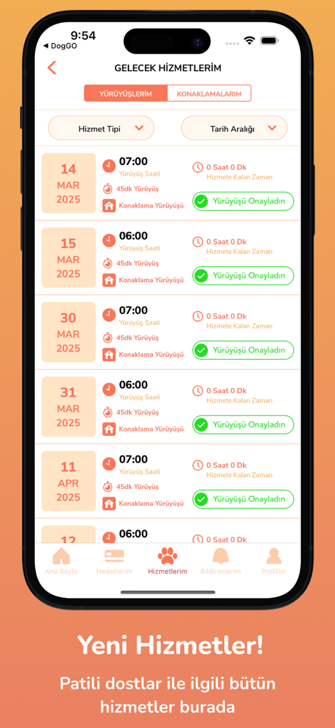DogGO Walker: For Pet Services - Mobile app interface showing a list of upcoming dog walking and pet sitting services