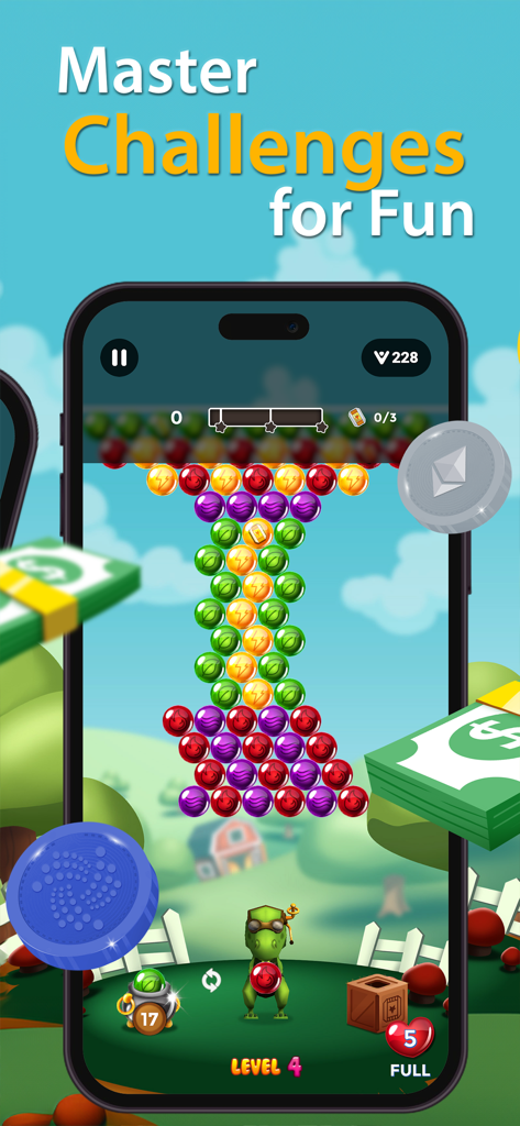 A bubble shooter game screen from the Bubble Burst app showing colorful bubble puzzles and a dinosaur character on an iPhone