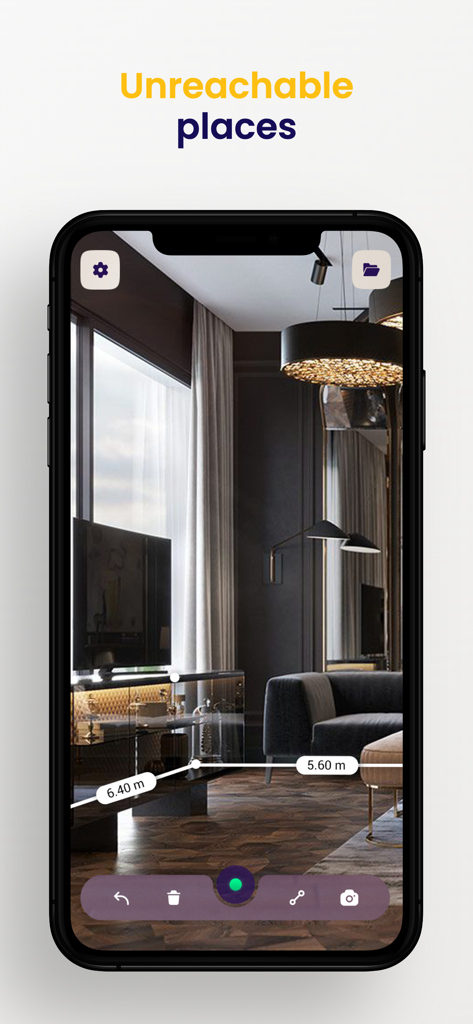 Measure Tools: AR Ruler Camera - Cámara de regla AR midiendo distancias de suelo en una sala de estar moderna.