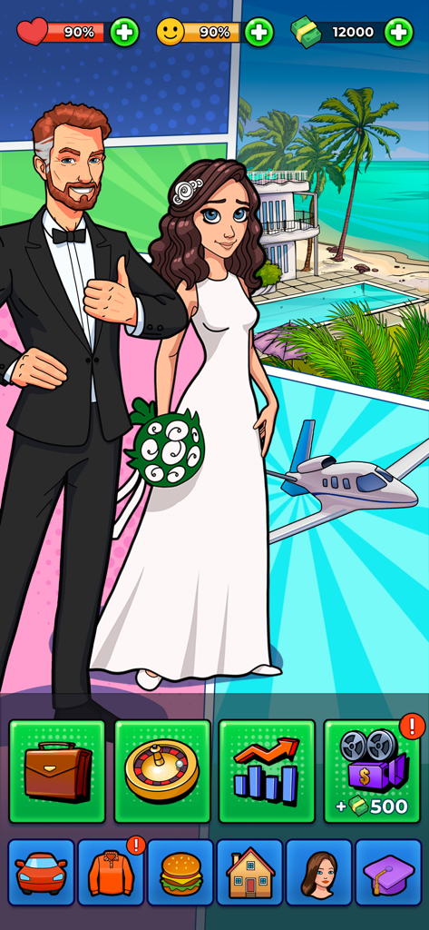 Life simulation game screenshot showing a wedding scene with a luxury villa and private jet