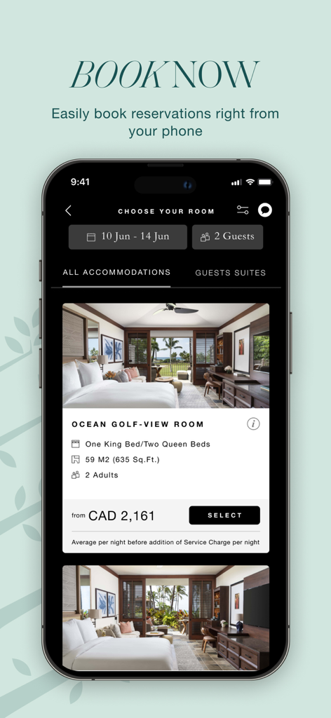 Four Seasons - Tela do aplicativo móvel mostrando a interface de reserva de um quarto de luxo com vista para o mar com detalhes de reserva e preços