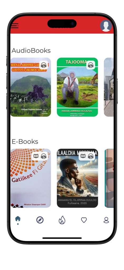 Oromo Book - Interface of the Oromo Book app showcasing audiobooks and ebooks in Afaan Oromoo