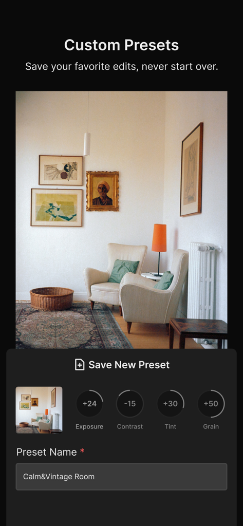 Colorby: AI Photo Color Editor - Mobile interface showing how to save custom photo presets in the Colorby AI photo editor app