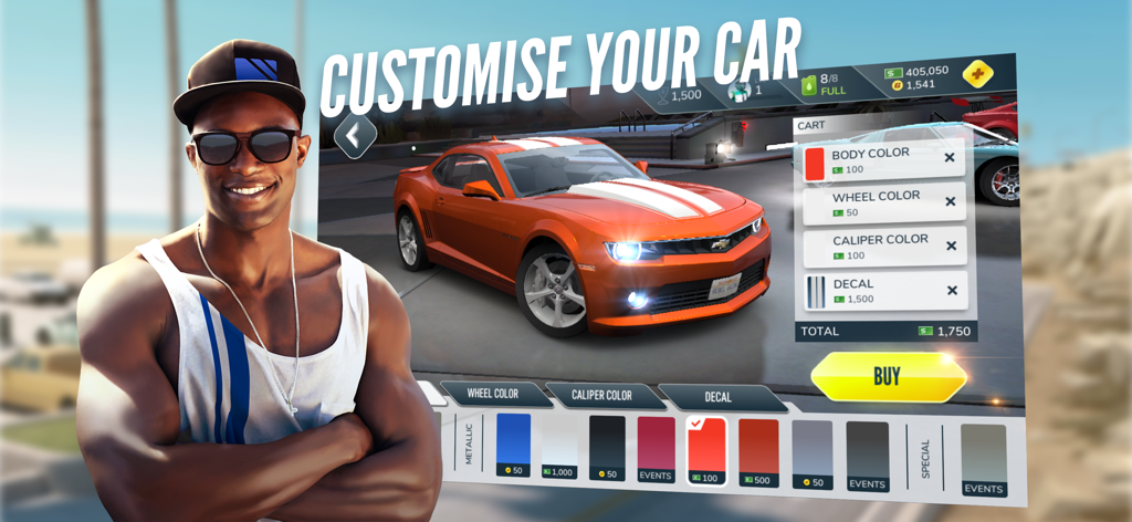 A man stands next to an orange muscle car in the Rebel Racing customization menu