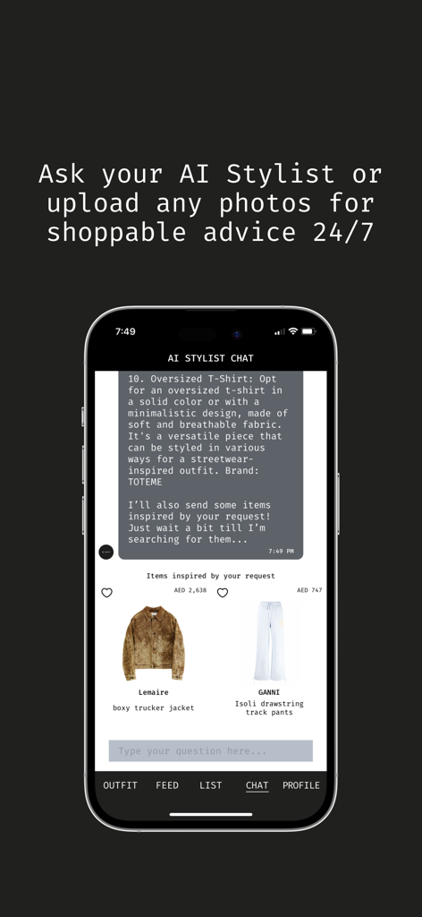 Mobile app interface showing an AI fashion stylist chat with personalized clothing recommendations and shoppable product links