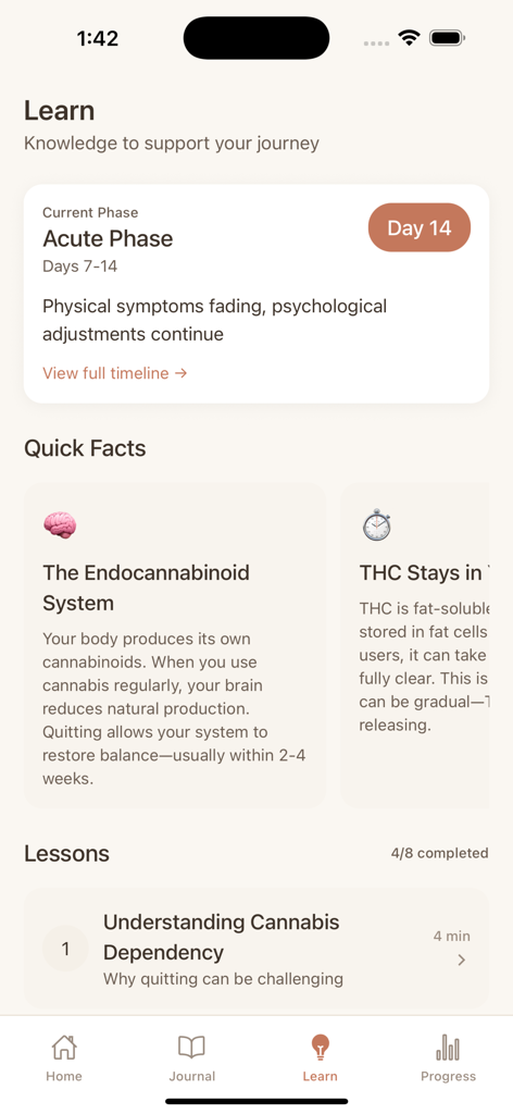 Quit Weed Tracker - Unfogged - Bildungs-Oberfläche der Unfogged App mit einer Zeitleiste für die Entzugsphase und Lektionen über Cannabissucht.