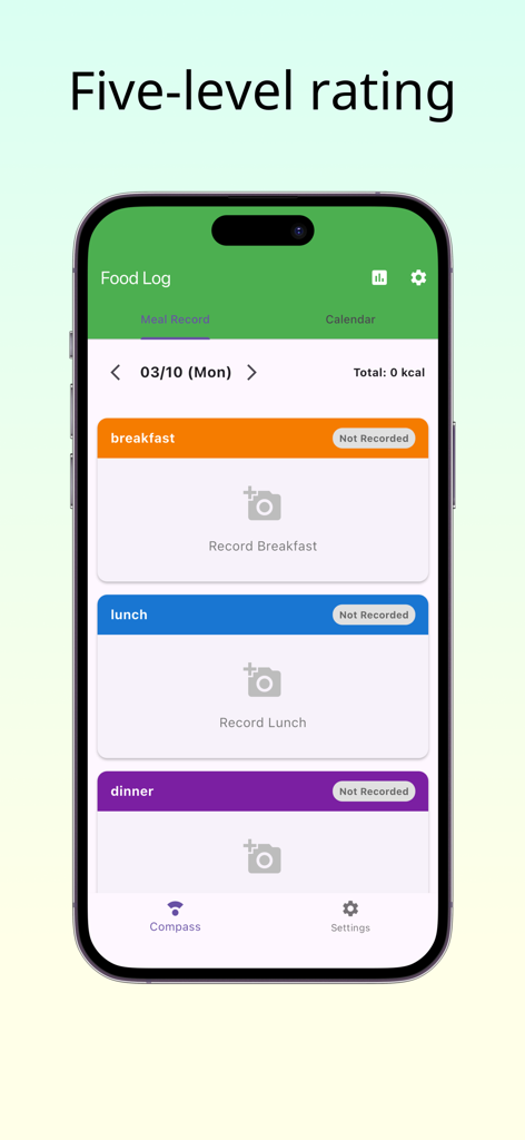 Foodlog - Food Log Memo - Interfaz de la aplicación Foodlog que muestra los registros de comidas diarias para el desayuno, el almuerzo y la cena con una función de calificación de cinco niveles.