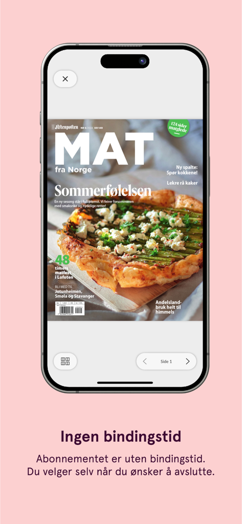 Magasin plus app interface displaying the Mat fra Norge magazine cover and subscription details about no commitment.