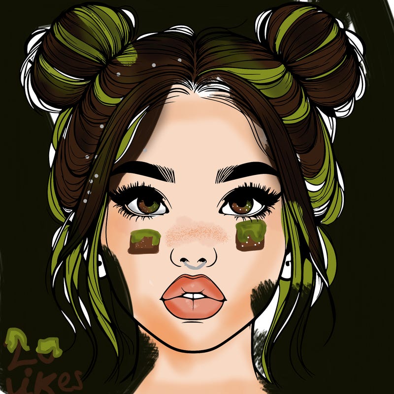 realistic girl with two buns on her hair and lips