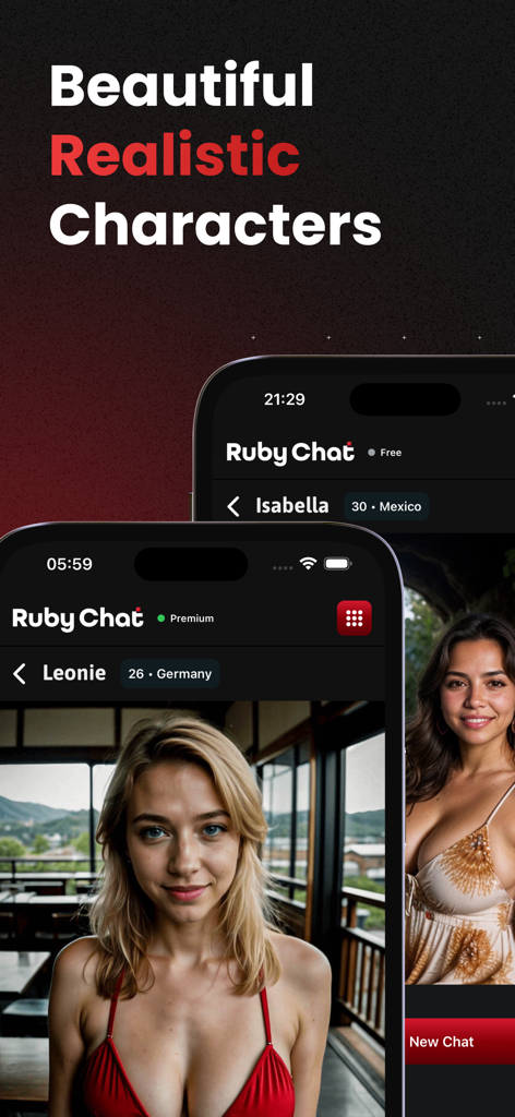 Ruby Chat app interface displaying realistic AI characters Leonie from Germany and Isabella from Mexico.