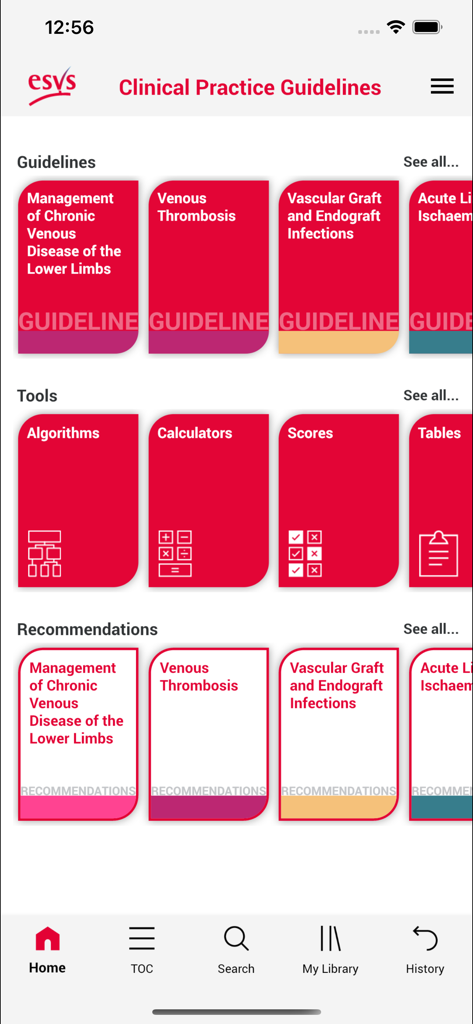 ESVS Clinical Guidelines - ESVS Clinical Guidelines mobile app home screen featuring sections for guidelines, clinical tools, and recommendations.