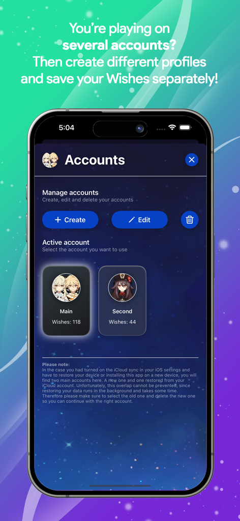 Screenshot des WishCounter-Kontoverwaltungsbildschirms, der die Möglichkeit zeigt, mehrere Benutzerprofile zum Verfolgen von Wünschen zu erstellen und zwischen ihnen zu wechseln.