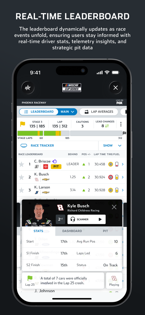 NASCAR Mobileアプリのリアルタイムリーダーボード。ライブドライバー統計とスキャナーアクセスが表示されています。