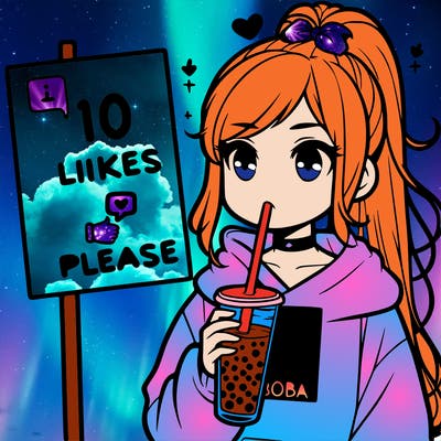 girl with a high ponytail and a hoodie drinking boba staring at a sign saying 10 likes please
