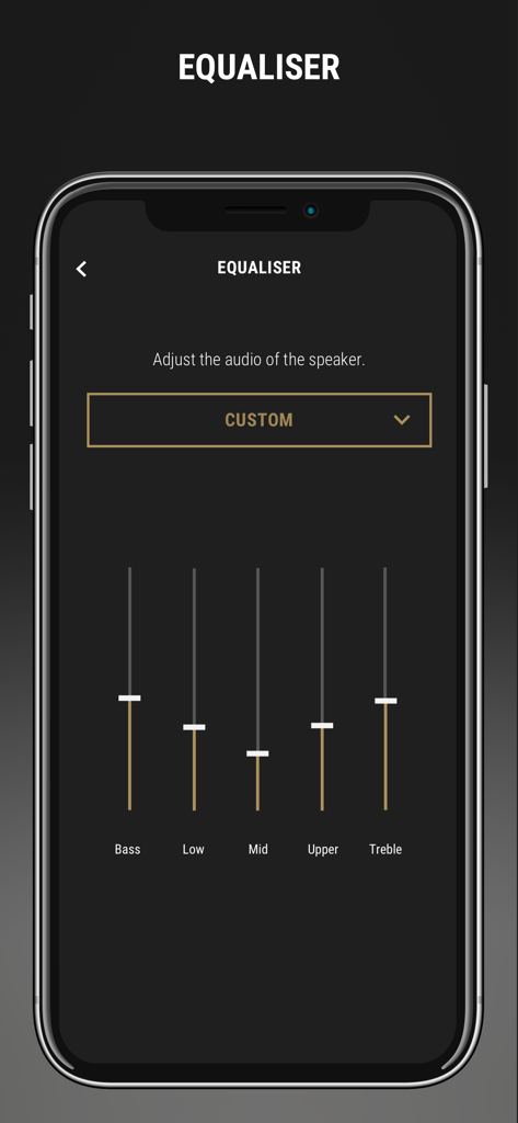 Marshall Voice - Interfaz del ecualizador de la aplicación Marshall Voice con deslizadores personalizados para graves, medios y agudos