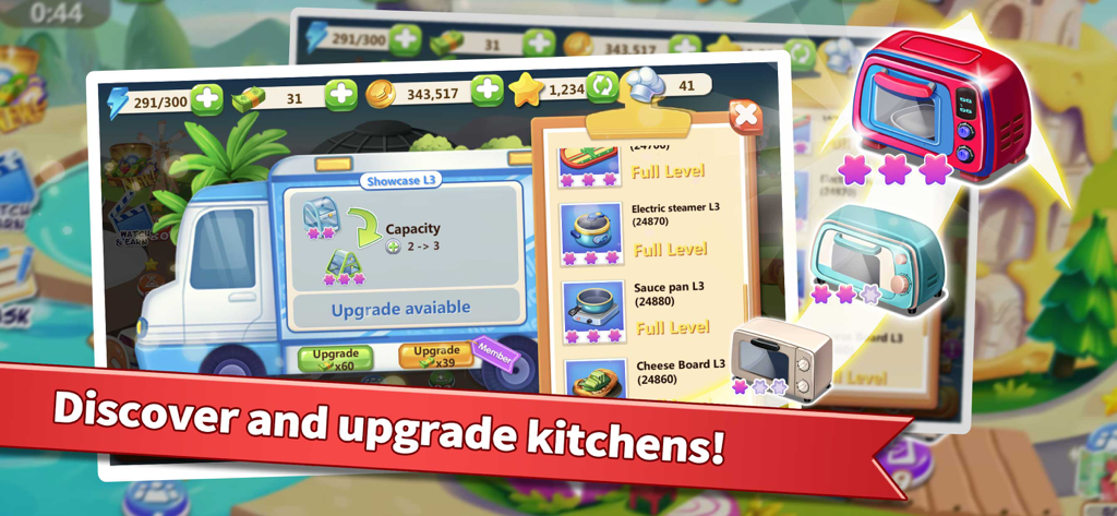 Interface showing kitchen appliance upgrades and food truck customization in Rising Super Chef 2