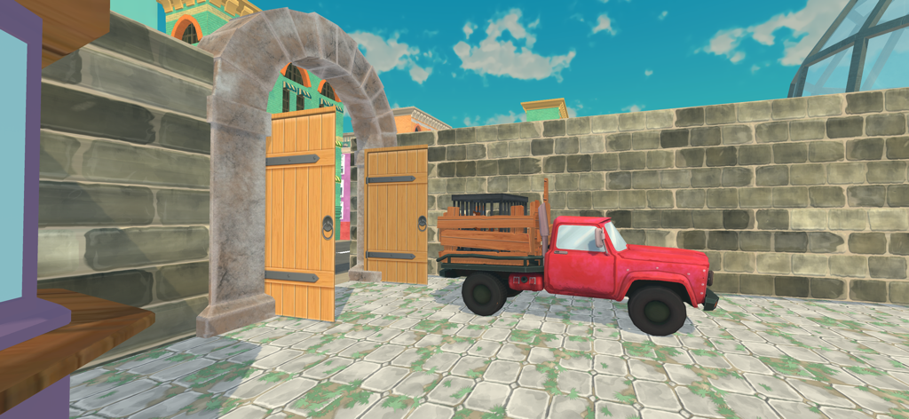 I'm Naughty Monkey Prank Game - Una camioneta roja estacionada junto a un muro de piedra y una puerta de madera abierta en un entorno de dibujos animados en 3D.