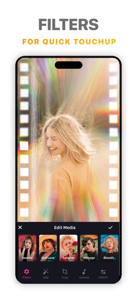SlideShow Maker Photo Video · - Slideshow Maker app interface showing various photo filters and light effects for quick touchups