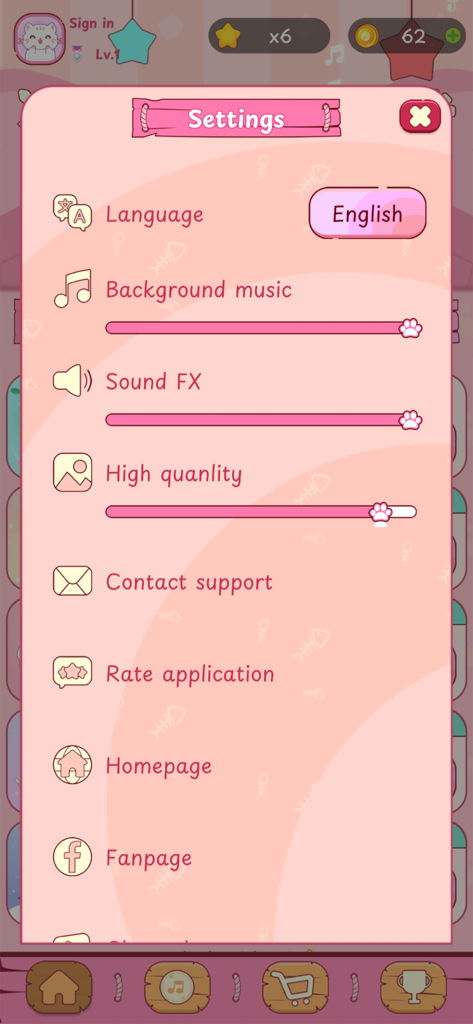 Cats Tiles - ピンクの美学と猫の足のスライダーを備えたキャッツモバイルゲームの設定メニュー。