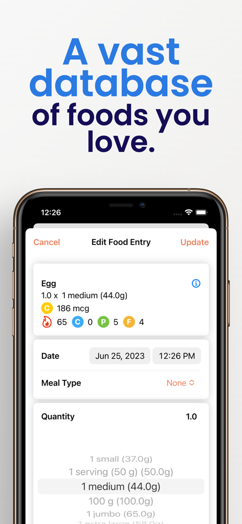 Cholesterol Tracker° - Screenshot of the Cholesterol Tracker app showing a food entry for an egg with detailed nutritional information and portion selection