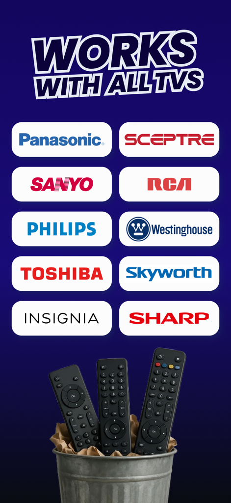 TV Remote Universal Control - Un gráfico que muestra marcas de TV como Panasonic y Philips compatibles con la aplicación, con controles remotos físicos en un cubo de basura.