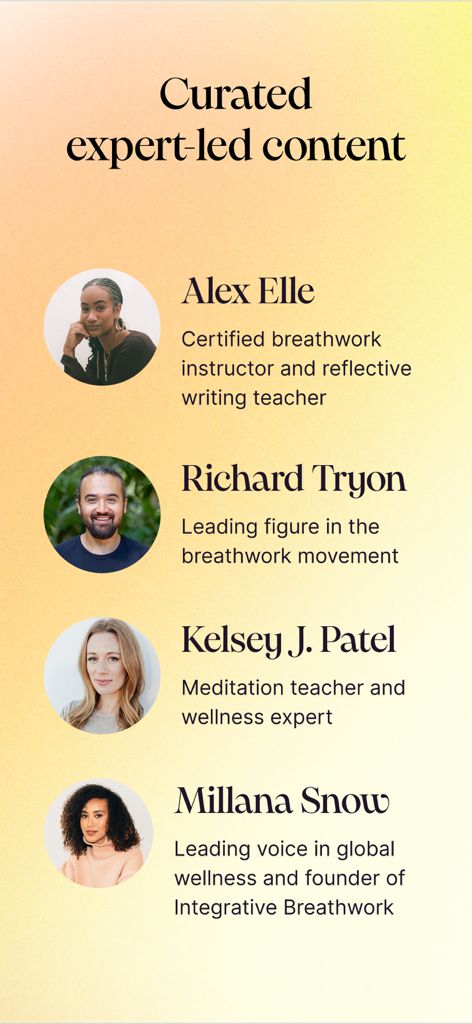 Joy 101 - Joy 101アプリ内のアレックス・エルやリチャード・トライオンを含む、厳選されたウェルネス専門家とインストラクターのリスト