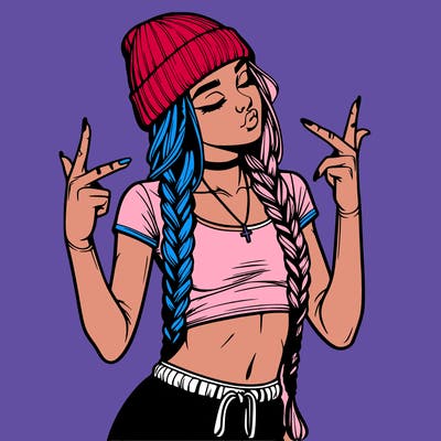 realistic teenage girl with braids and a beanie and crop top doing 🫶🏼