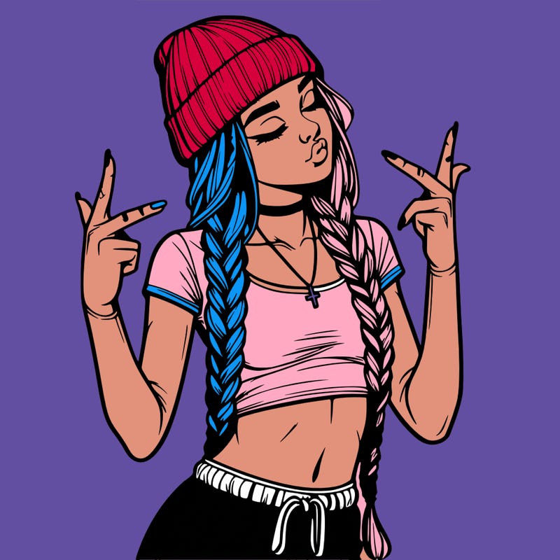 realistic teenage girl with braids and a beanie and crop top doing 🫶🏼