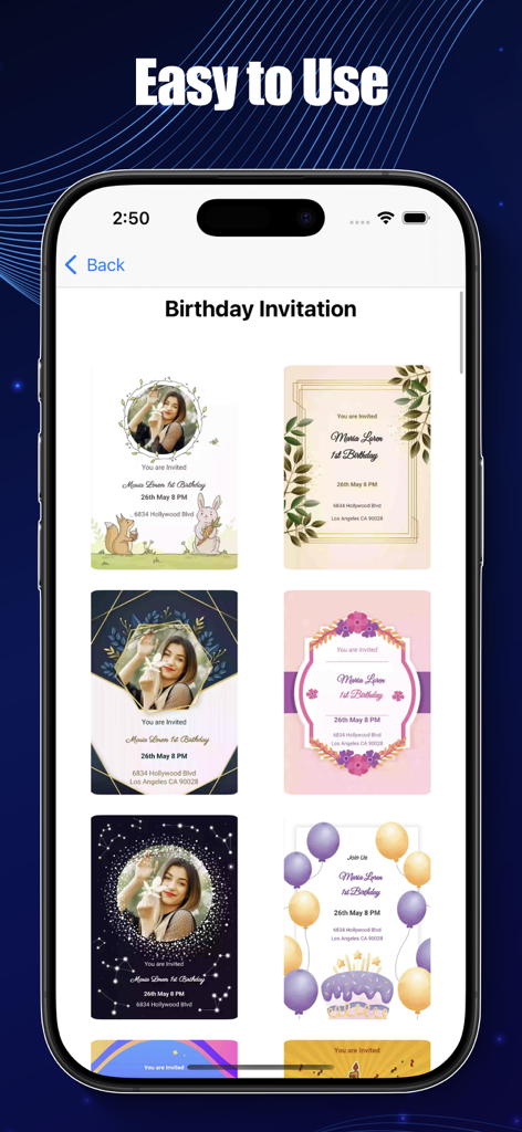 使いやすい誕生日招待状テンプレートのセレクションを表示するスマートフォン画面