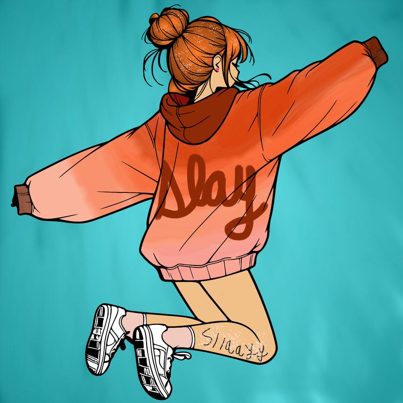 realistic girl jumping with a bun and oversized sweatshirt