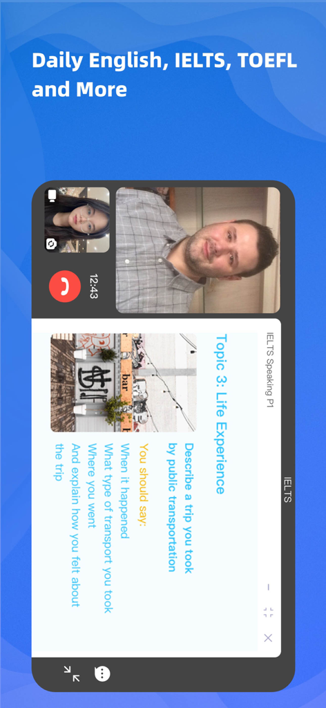 A video call interface in the Lan-master app showing a native English teacher and a student practicing for an IELTS exam.
