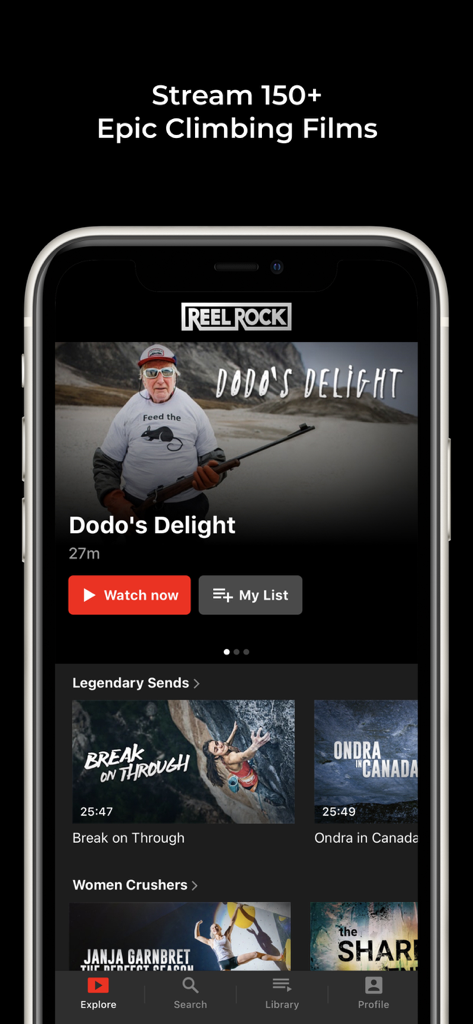 Interfaz de la aplicación móvil REEL ROCK mostrando una biblioteca de películas y documentales de escalada en roca, incluyendo Dodos Delight y Break on Through.