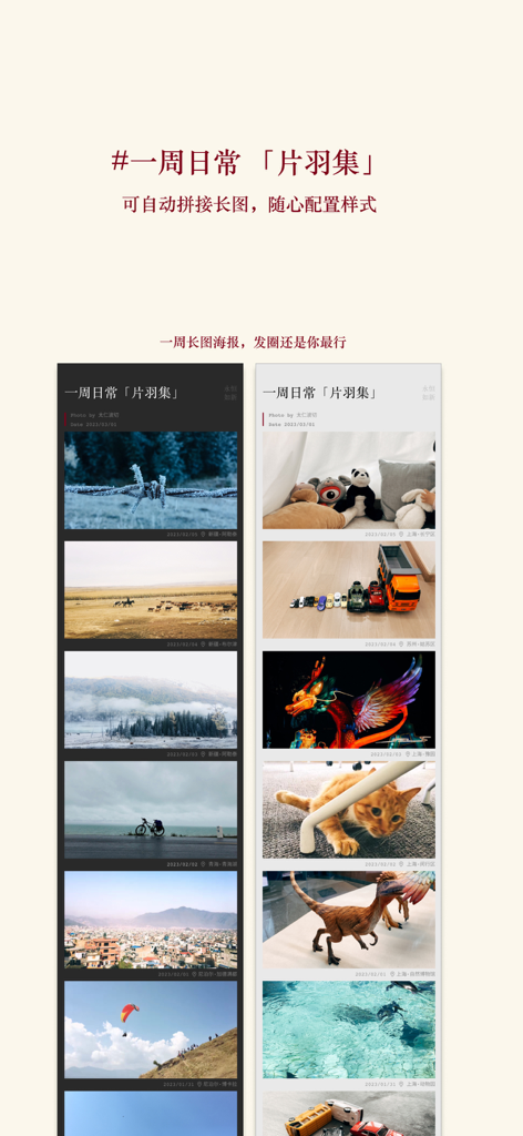 片羽集照片日记软件 - Mises en page verticales d'images longues pour les résumés de journaux photographiques hebdomadaires dans l'application Lento