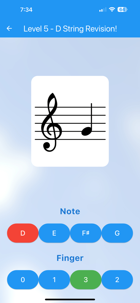 String Note Tutor - Una pantalla de tarjeta de memoria de teoría musical en la aplicación String Note Tutor que muestra una nota de clave de sol con botones de opción múltiple para el nombre de la nota y la posición del dedo.
