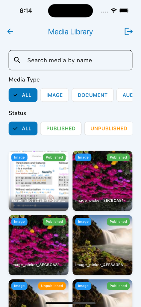 Drupal Admin - Media library interface of the Drupal Admin app showing image grid and status filters