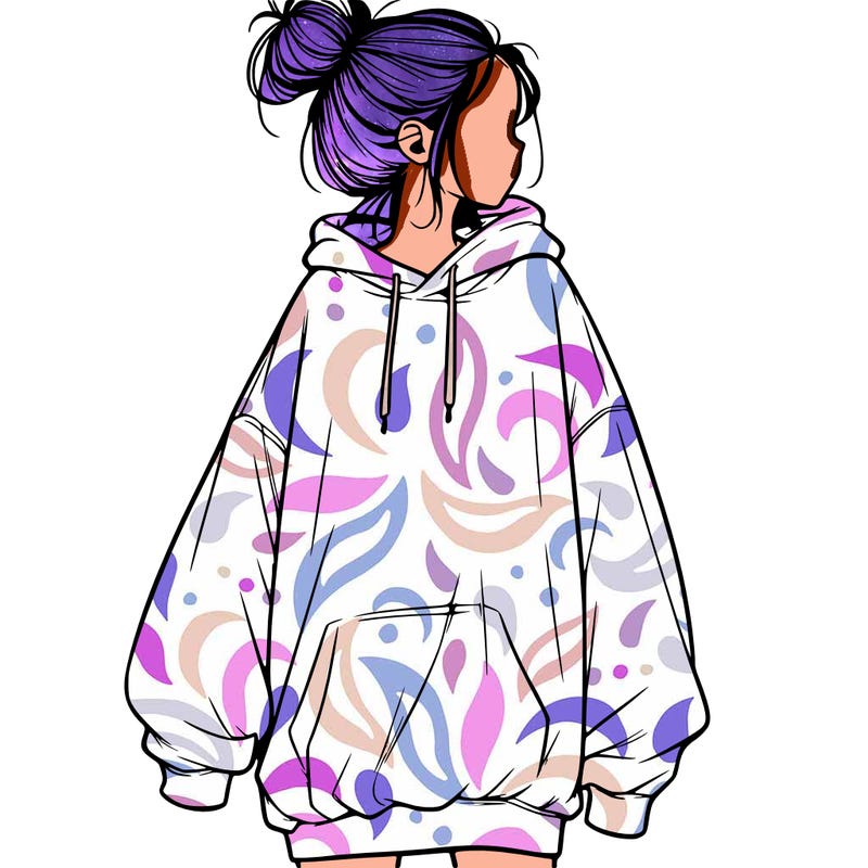realistic girl with a oversized sweatshirt on and a bun