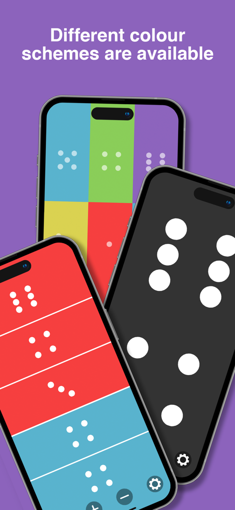 Dice Roller! - Diversi schermi di iPhone che mostrano vari schemi di colori personalizzabili e layout di dadi per l'app Dice Roller.